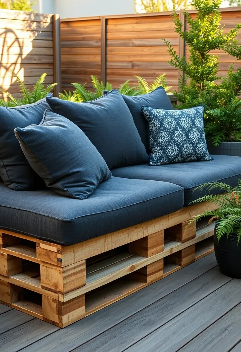 Outdoor pallet sofa with thick gray cushions and throw pillows on a wooden deck in a backyard garden setting
