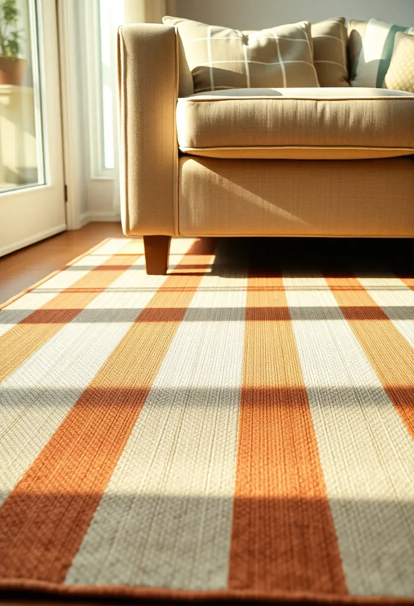 outdoor rug in striped pattern used as base layer under furniture in a sunroom