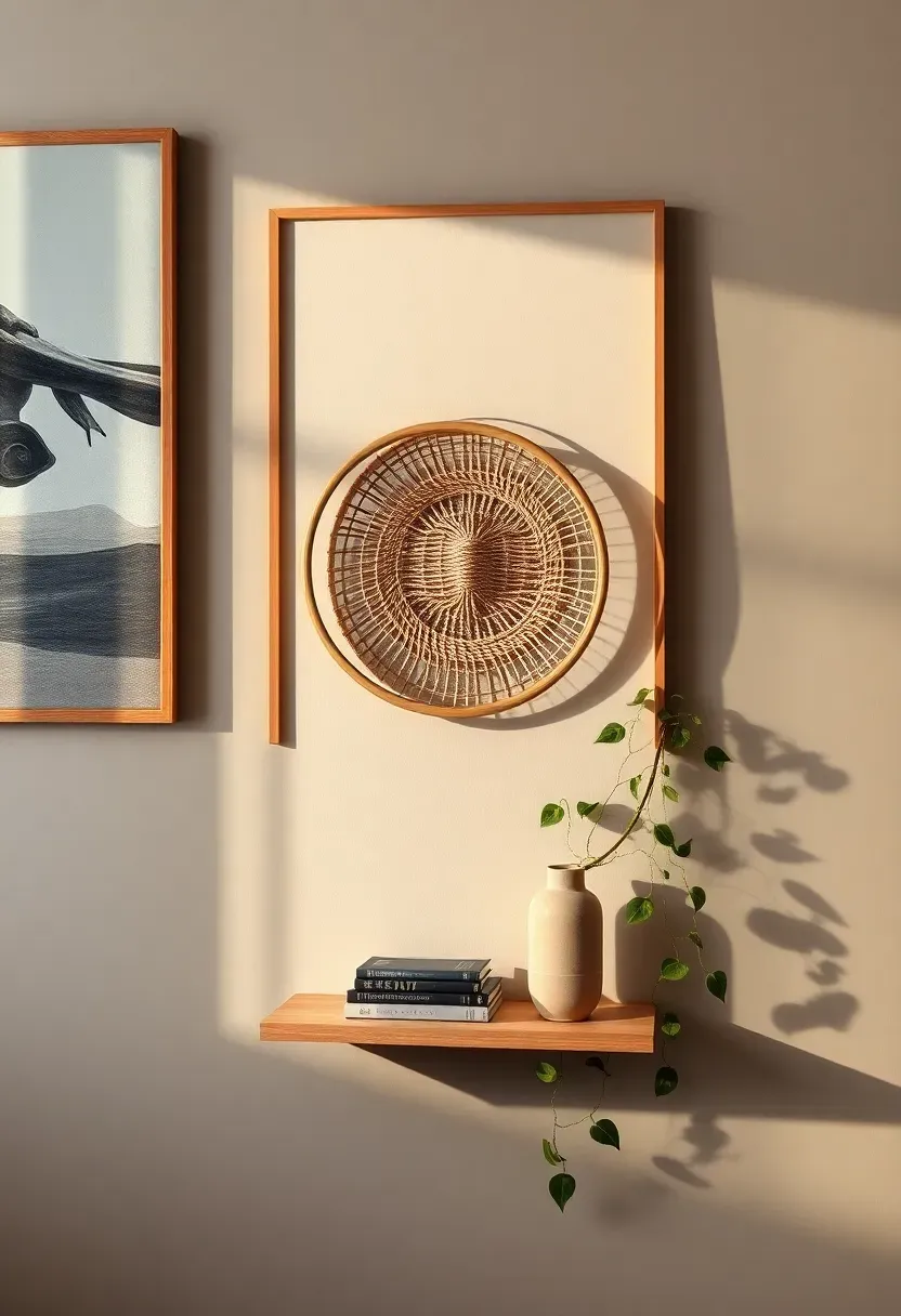 Eclectic mixed-media wall arrangement combining framed art, a round mirror, a woven basket, a small shelf with books, and a trailing plant on a warm gray wall