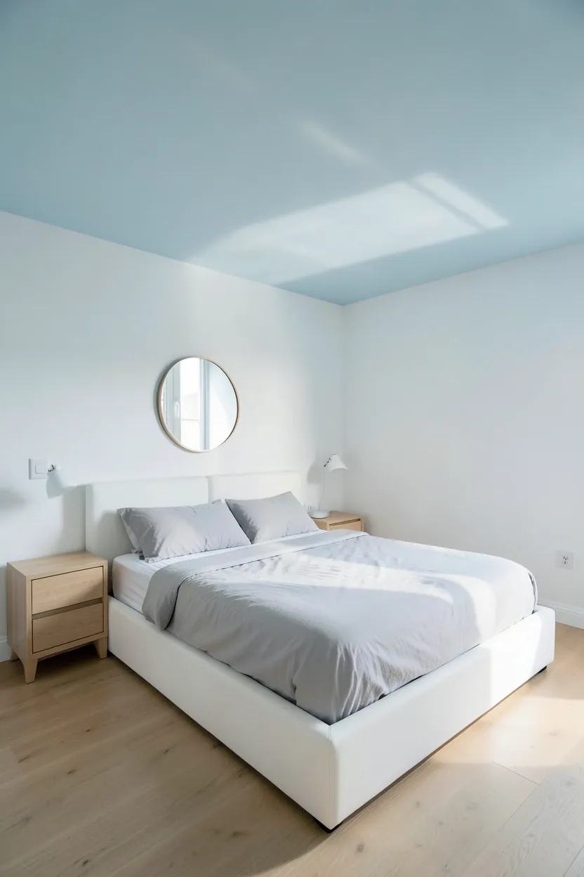 Hyper-realistic slightly elevated photograph of a bedroom with serene pale blue ceiling, soft white walls. Modern platform bed in white with light gray bedding, two minimalist nightstands in light wood, circular mirror on wall above bed. Materials: matte blue ceiling paint, white walls, white upholstered bed, light oak wood furniture. Natural light from large window creating shadows on ceiling, airy open atmosphere. Shallow depth of field, sharp details on furniture, balanced composition showing ceiling-to-floor view. No text, no logos, no watermarks.</p>