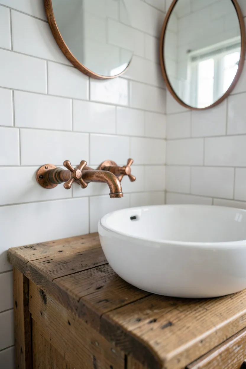 Hyper-realistic eye-level photograph of a rustic bathroom featuring aged copper widespread faucet with patina, cross handles, white ceramic vessel sink, reclaimed wood vanity, white subway tile walls, small round mirror. Natural light reflecting off copper. Materials: aged copper metal, reclaimed oak wood, white ceramic sink, white ceramic tiles. Warm copper patina. Authentic aged metal finish. No text, no logos, no watermarks.</p>