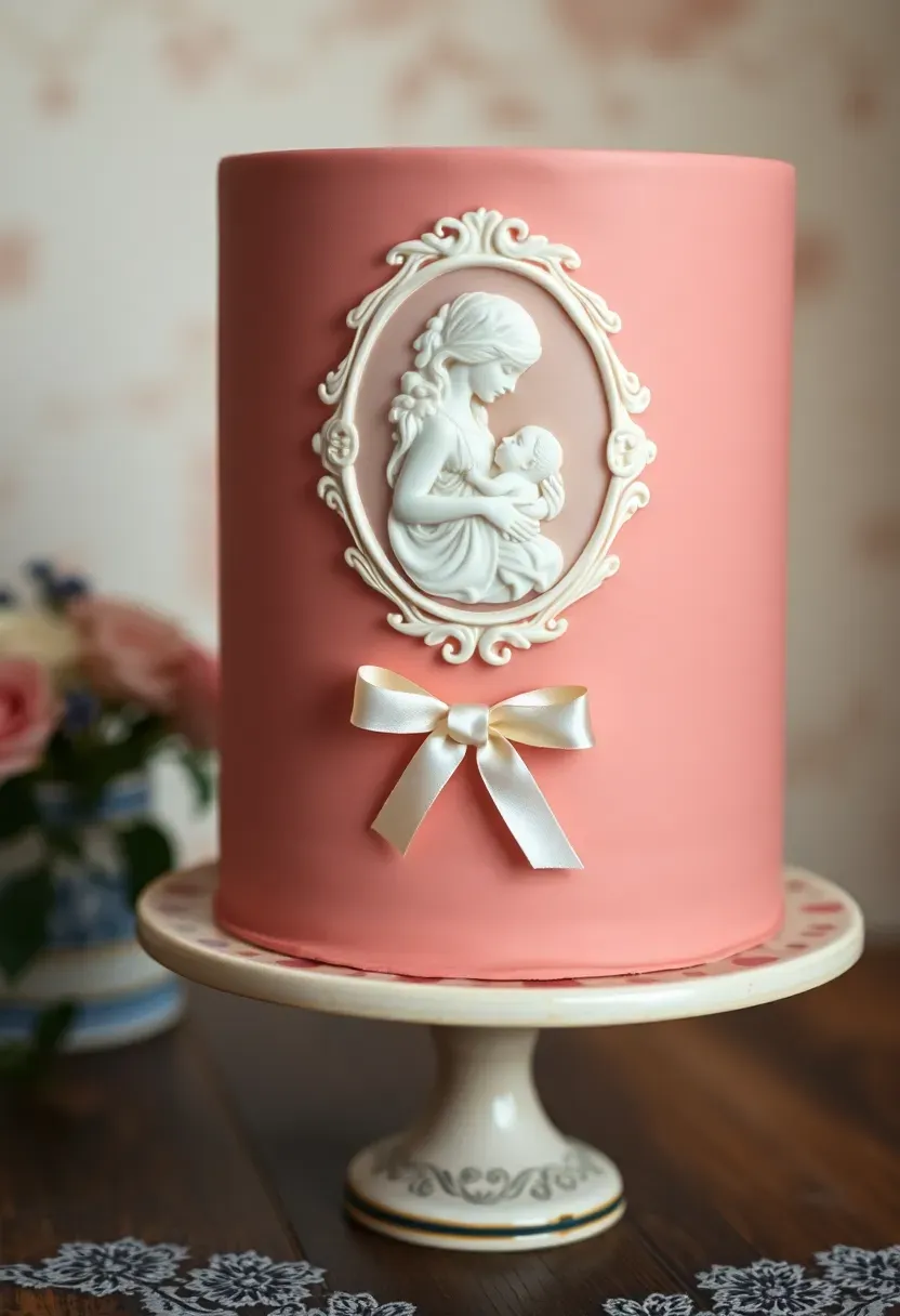 vintage inspired baby shower cake with a delicate cameo silhouette of mother and baby in white on a dusty rose fondant oval frame accent