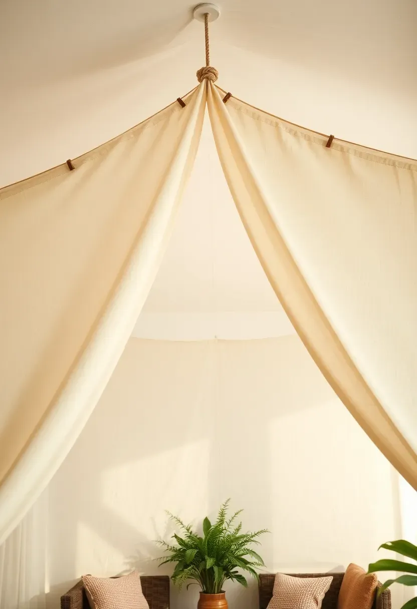 Apartment sunroom ceiling with a draped cotton canvas canopy in natural off-white attached to four adhesive ceiling hooks, creating a relaxed tent-like atmosphere over a low seating area, soft light filtering through the fabric