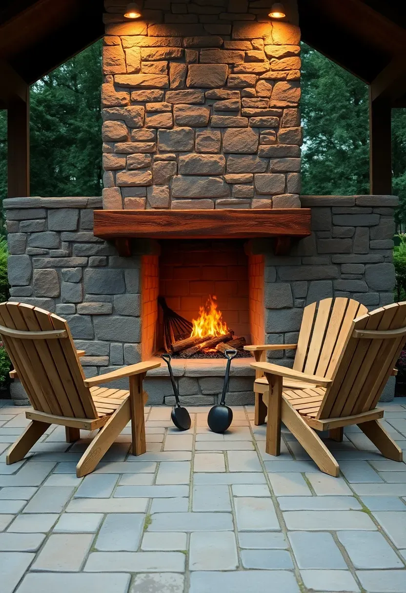 A tall stacked natural stone outdoor fireplace with a wide mantel on a flagstone patio surrounded by Adirondack chairs
