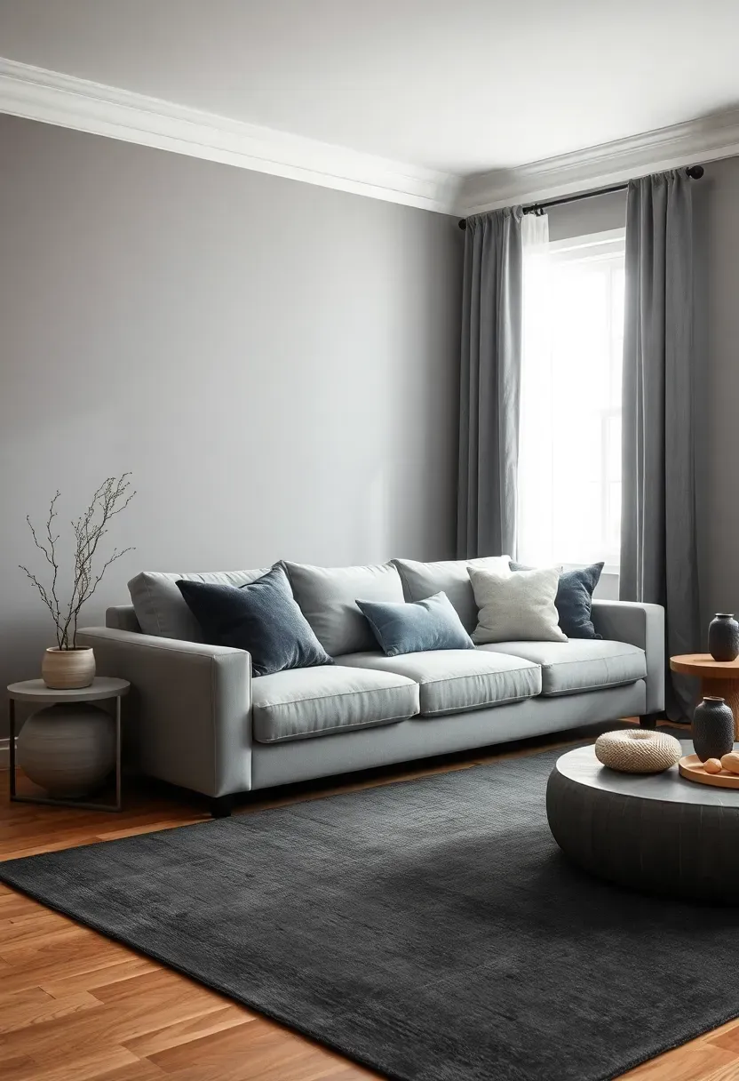Hyper-realistic 3/4 view of a monochromatic warm gray living room with walls in medium gray, sofa in light gray, rug in charcoal, throw pillows in nearly white and almost black, gray velvet curtains, gray ceramic accessories. Materials: various gray paint shades, gray linen and velvet fabrics, gray ceramic, wool rug. Natural daylight from window showing full gray tonal range from near-white to almost-black, sophisticated serene mood. Composition demonstrating monochromatic layering. Sharp details on fabric textures and tonal variations. No text, no logos, no watermarks.</p>