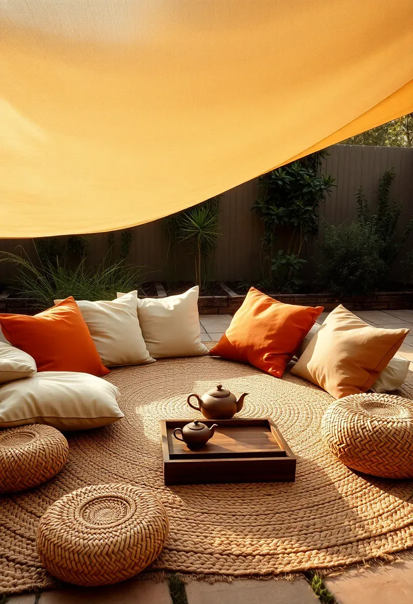 A low backyard lounge area with oversized floor cushions and poufs arranged on a large outdoor rug under a fabric canopy