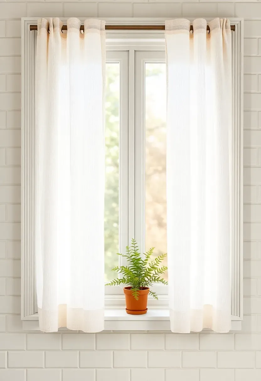 Sheer white linen curtain panels on a bathroom window with soft morning light filtering through creating gentle shadows