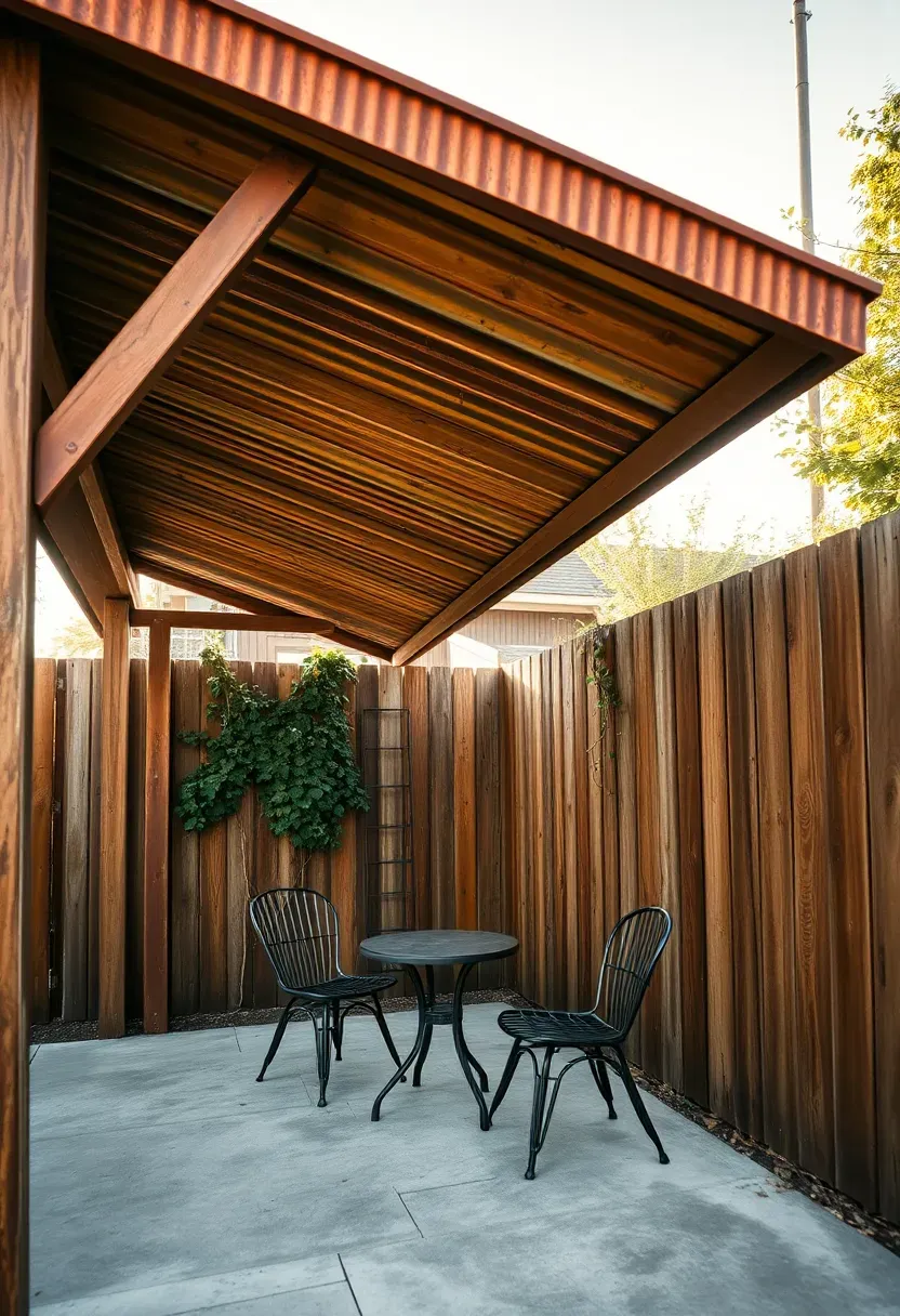corrugated metal lean-to canopy extending from a fence over a seating nook