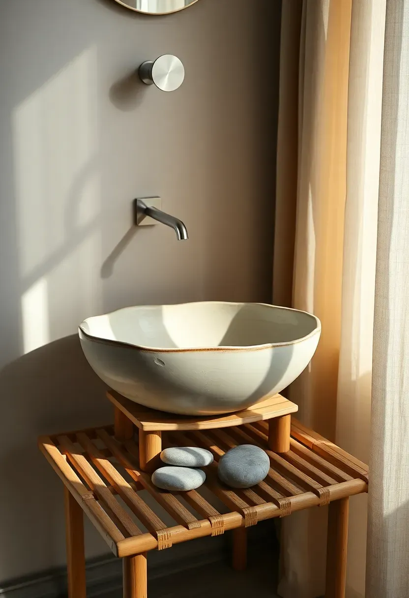 Handcrafted Japanese ceramic bowl sink on a bamboo stand with pebble stone accents