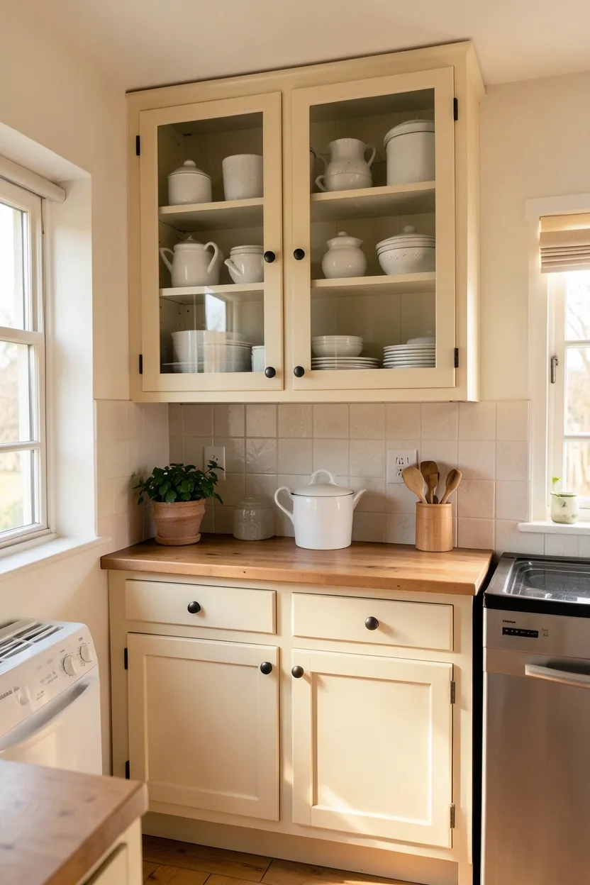 Glass-front upper cabinets in a small farmhouse kitchen displaying white ironstone and blue transferware with interior LED lighting