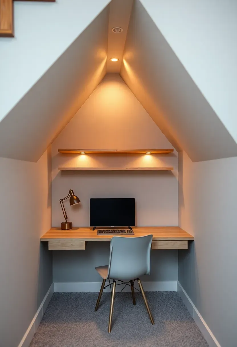 Small cozy office nook built under basement stairs with built-in desk, shelves, and recessed lighting