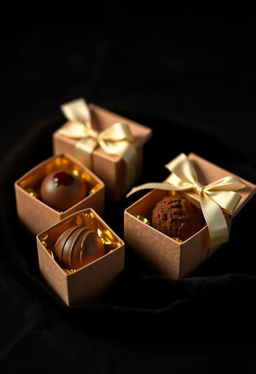 elegant chocolate truffle boxes with gold foil and baby shower ribbon on a velvet cloth