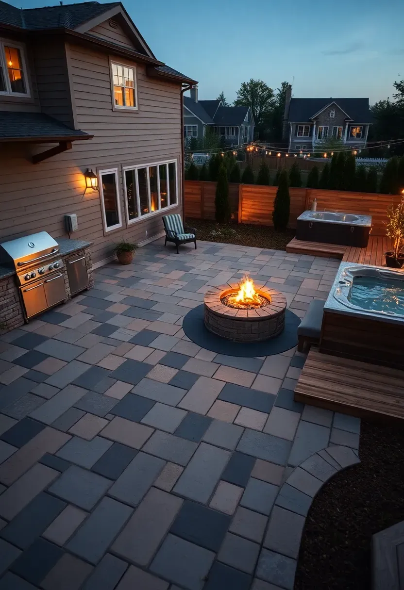 Large multi-zone patio with a cooking station on one side, a fire pit lounge in the center, a hot tub corner, and distinct paving patterns dividing each area