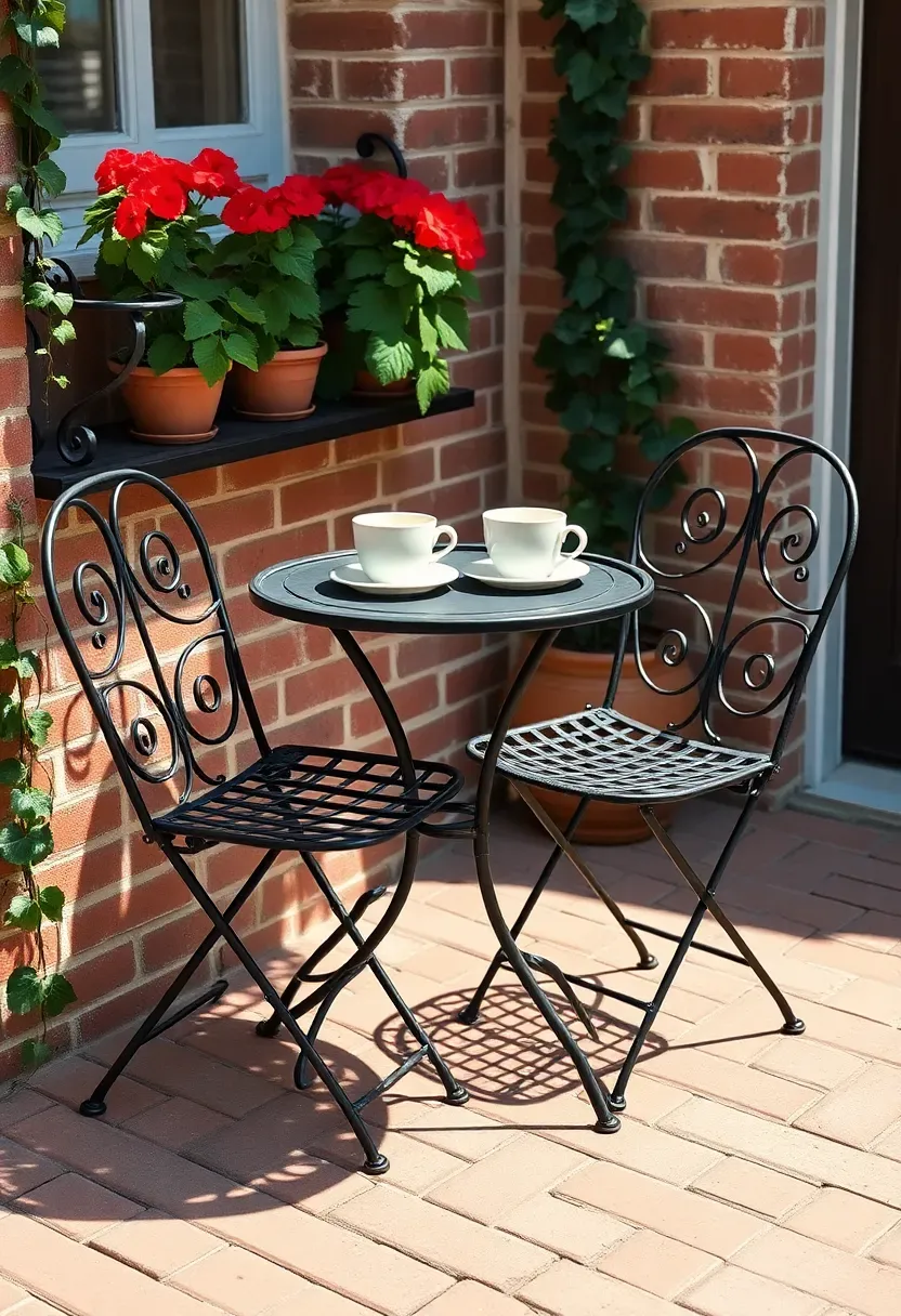 Small black metal bistro set with two folding chairs on a brick patio corner surrounded by potted geraniums and ivy