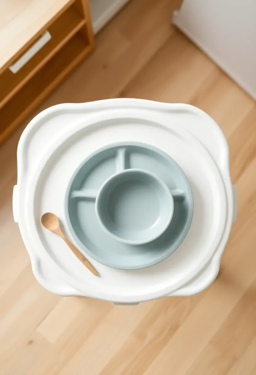 bamboo baby tableware set with suction plate bowl and spoon in muted blue and green tones