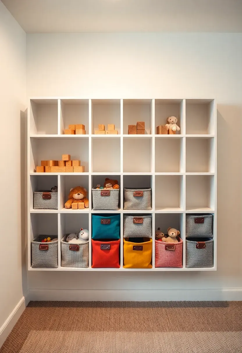 basement playroom wall with grid of colorful cubby storage bins filled with sorted toys