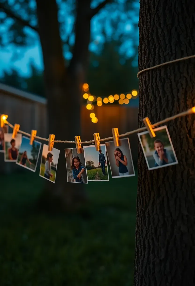 Clothesline photo display strung between two trees with printed childhood photos clipped with small wooden clothespins and fairy lights