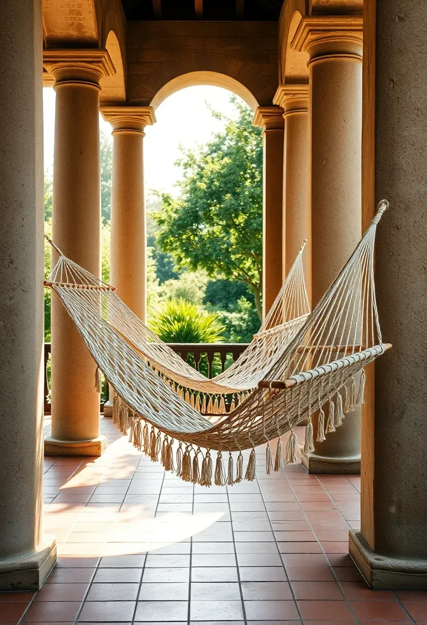 Two hammocks strung between stone columns on a covered terrace, overlooking a garden, with afternoon light streaming through