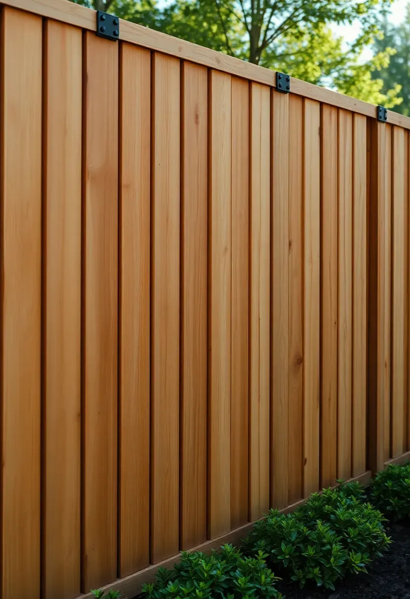New cedar privacy fence with horizontal boards and black metal post caps bordering a remodeled backyard