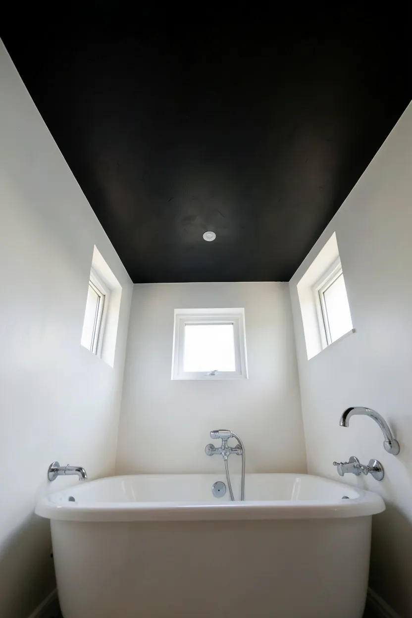 Hyper-realistic eye-level photograph looking upward at matte black painted bathroom ceiling with natural light from small window, white walls visible, white freestanding tub below, chrome fixtures. Soft ambient lighting. Materials: matte black painted plaster, white walls, porcelain tub, chrome fixtures. Dramatic black ceiling. Cozy intimate atmosphere. Clean modern aesthetic. No text, no logos, no watermarks.</p>