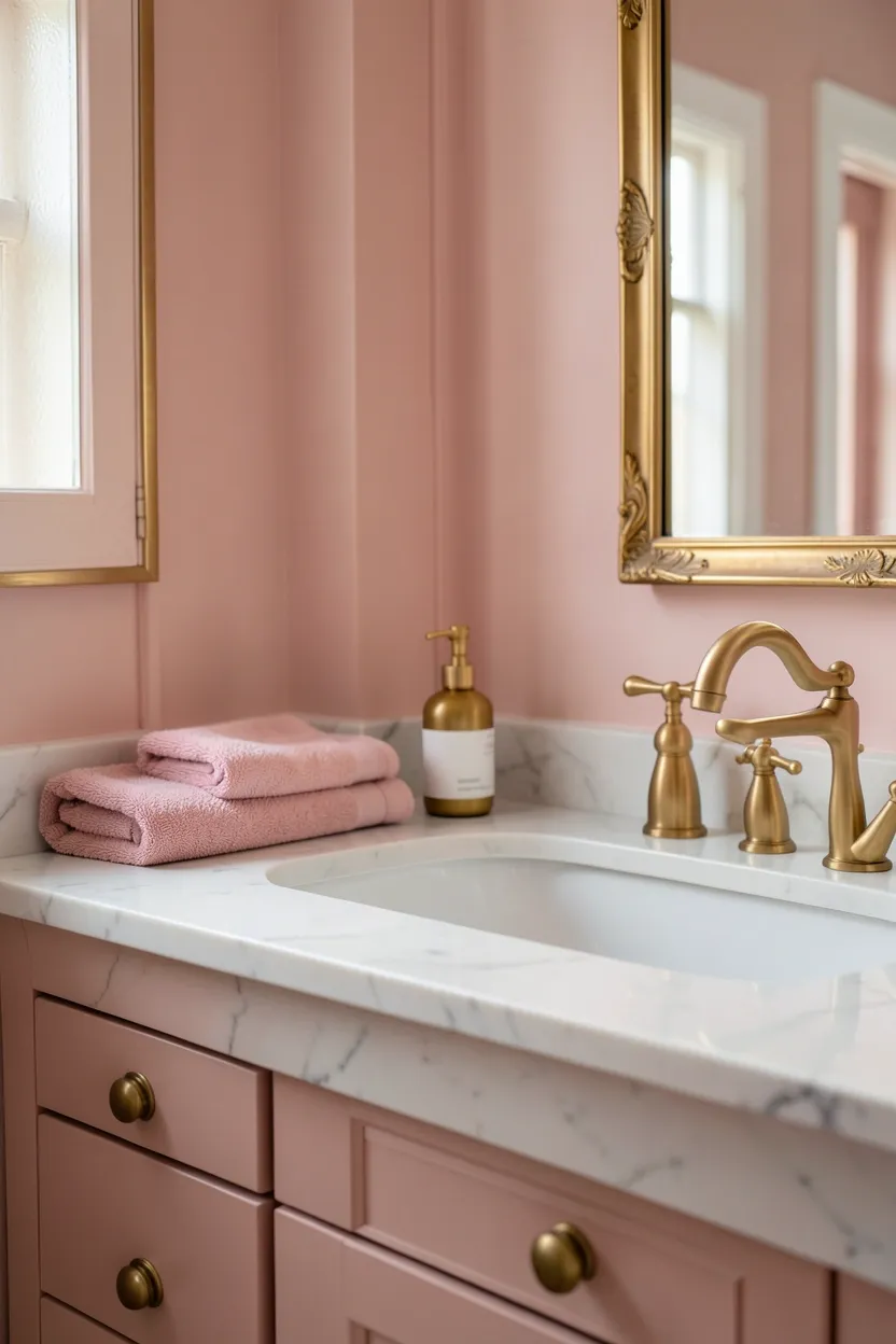 Blush pink towels and bath mat paired with gold-trimmed mirror and brass cabinet pulls in elegant rental bathroom