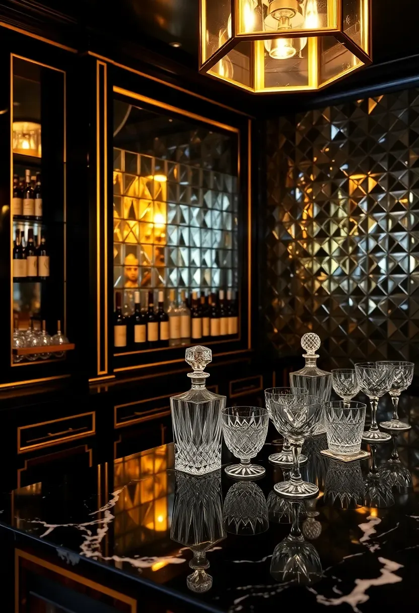 art deco glamorous basement bar with mirrored panels gold trim geometric patterns and crystal glassware
