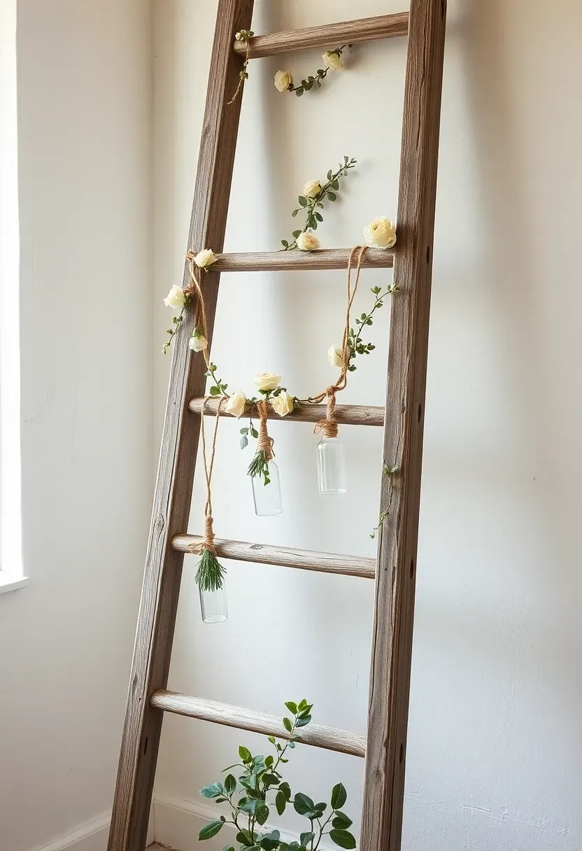 vintage ladder with hanging floral garlands bloom bar