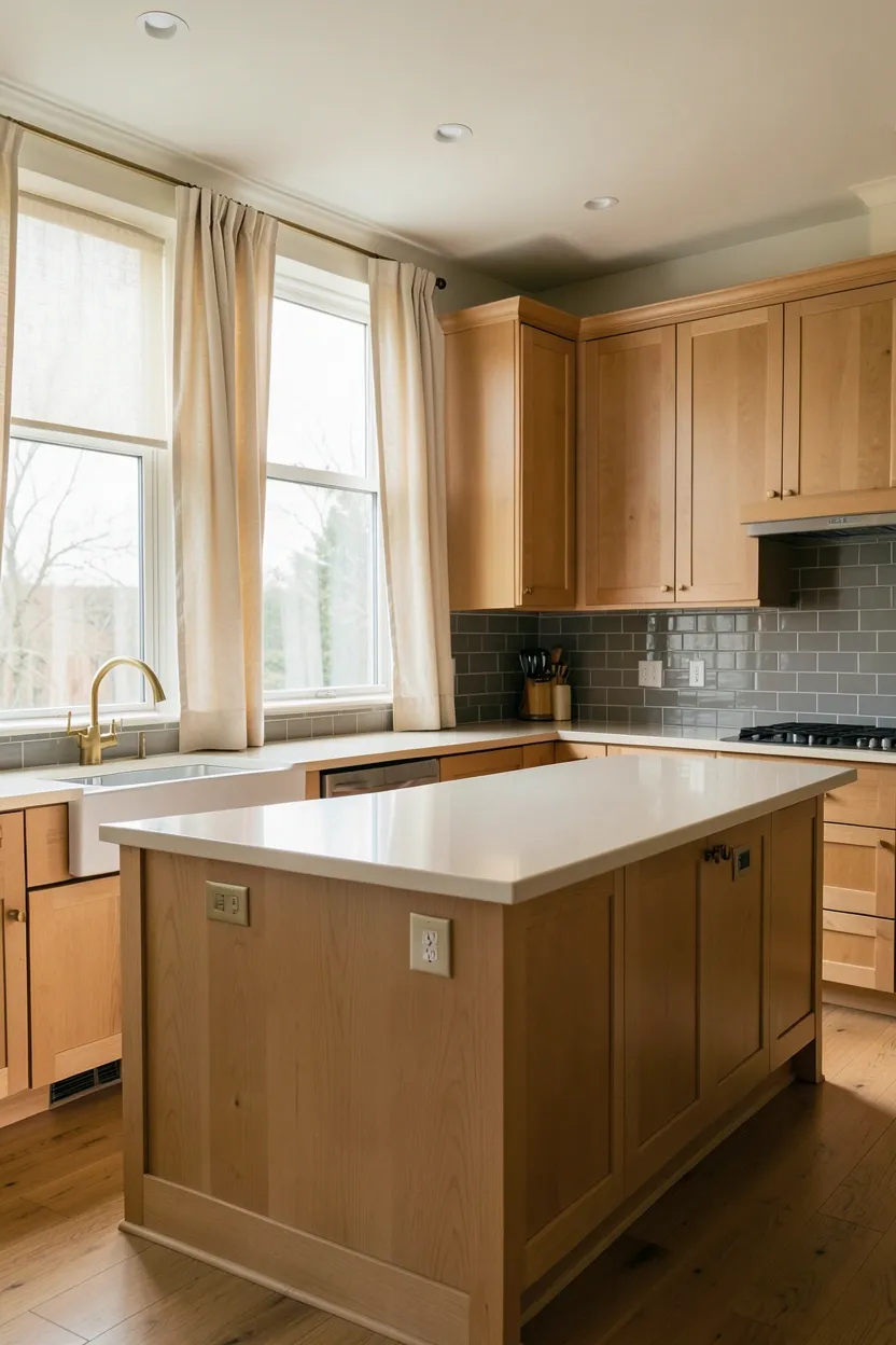 Hyper-realistic wide shot of a fall kitchen with warm neutral window treatments. Large windows feature linen curtains in warm cream with subtle texture. Curtains frame windows without completely blocking light. Light oak shaker cabinetry throughout. Large island in same oak with waterfall edge. Warm cream quartz countertop. Brass hardware. Warm gray subway tile backsplash. Natural light filtered through curtains. Clean surfaces. No text, no logos, no watermarks.</p>