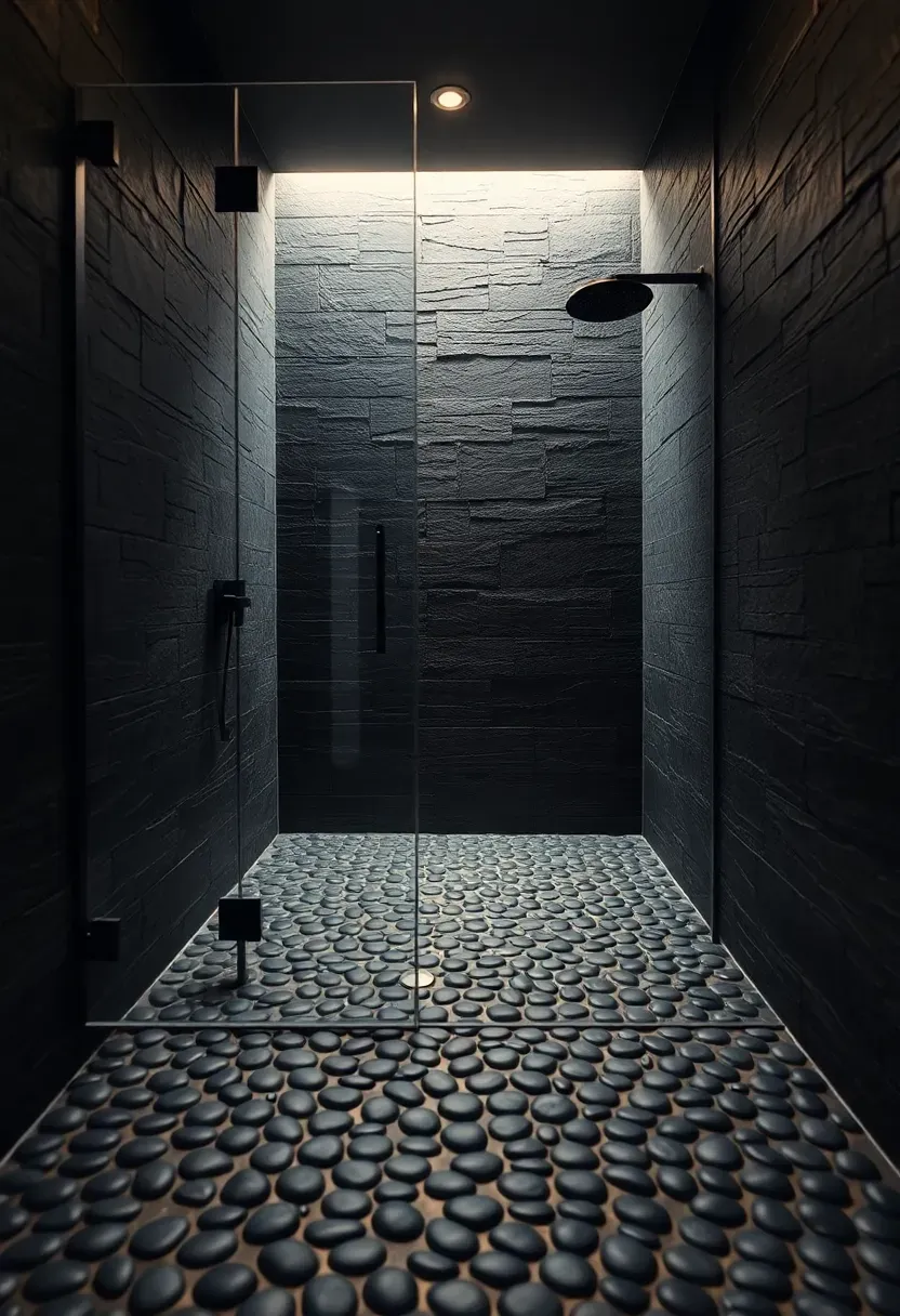 Matte black pebble mosaic bathroom shower floor with charcoal grout and dark stone walls