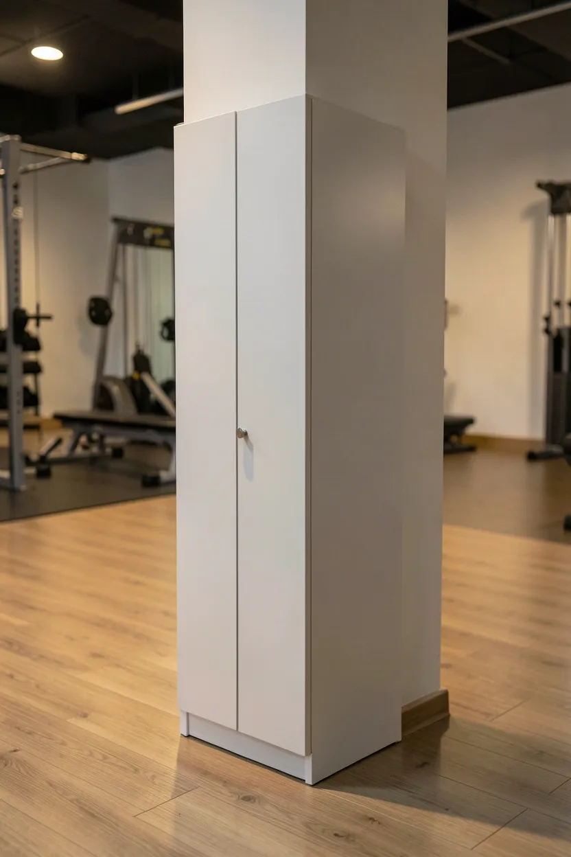 Slim tall vertical cabinet in a home gym corner storing yoga straps and folded mats — narrow footprint storage solution for small workout spaces
