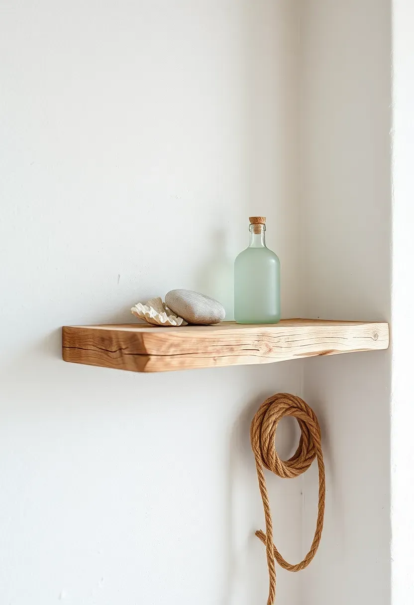 Weathered driftwood shelf on a lime-washed wall holding bleached coral, a smooth sea stone, a frosted sea glass bottle, and a coil of jute rope