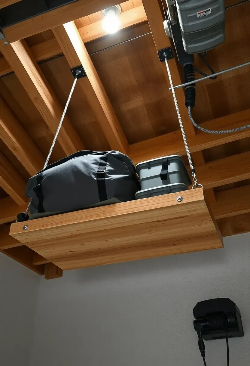 Basement ceiling with a pulley-operated platform storage system lowered halfway showing camping gear and large bins