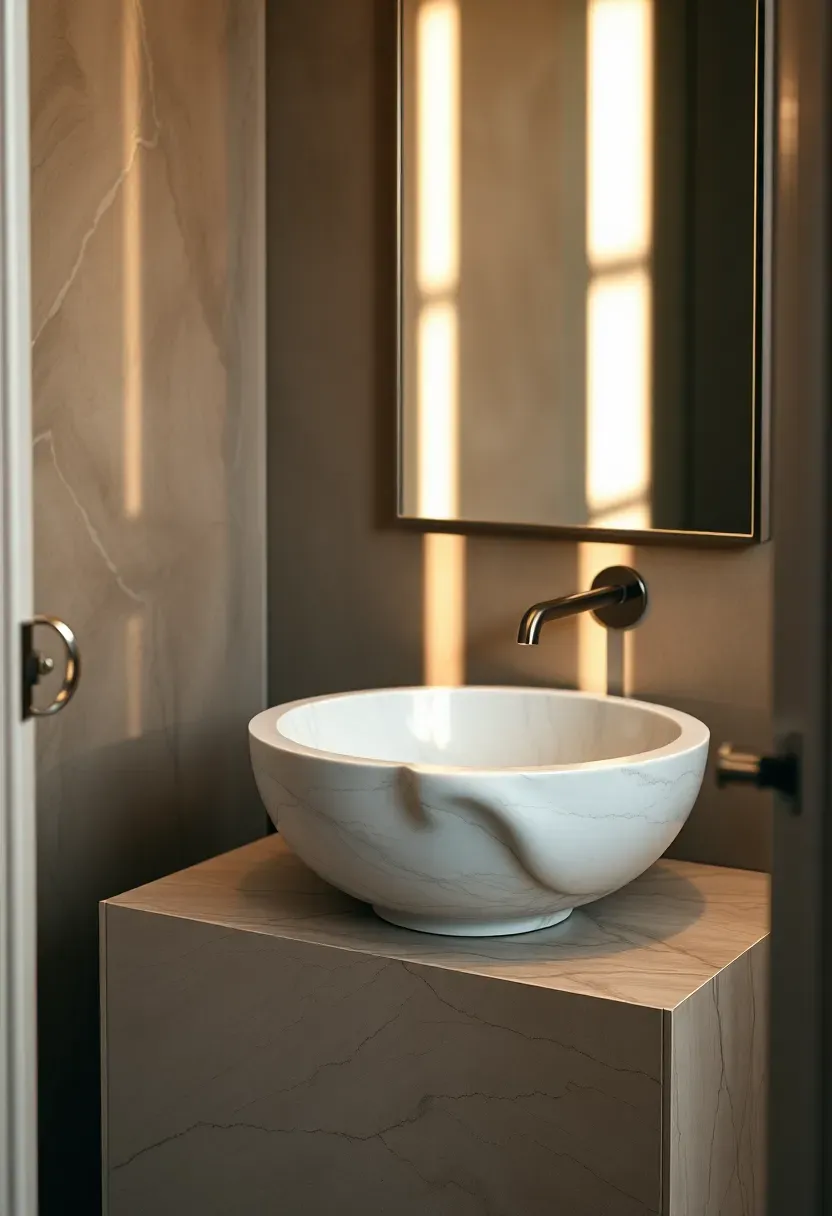 Sculptural natural stone vessel sink in travertine on a dark walnut countertop with tall single-handle faucet — powder room statement piece