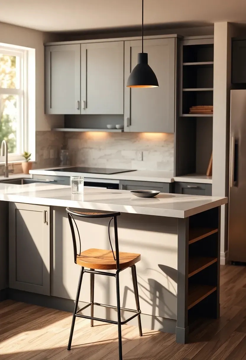 Basement kitchenette with a small peninsula extending into the room, two bar stools, pendant lights above, and storage on the kitchen side of the peninsula