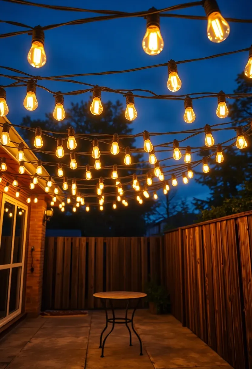 grid of string lights creating a canopy of warm light over a backyard patio