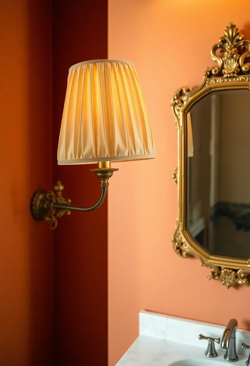 Antique brass swing-arm wall sconce with a pleated fabric shade next to a vintage-framed mirror in a warm-toned bathroom