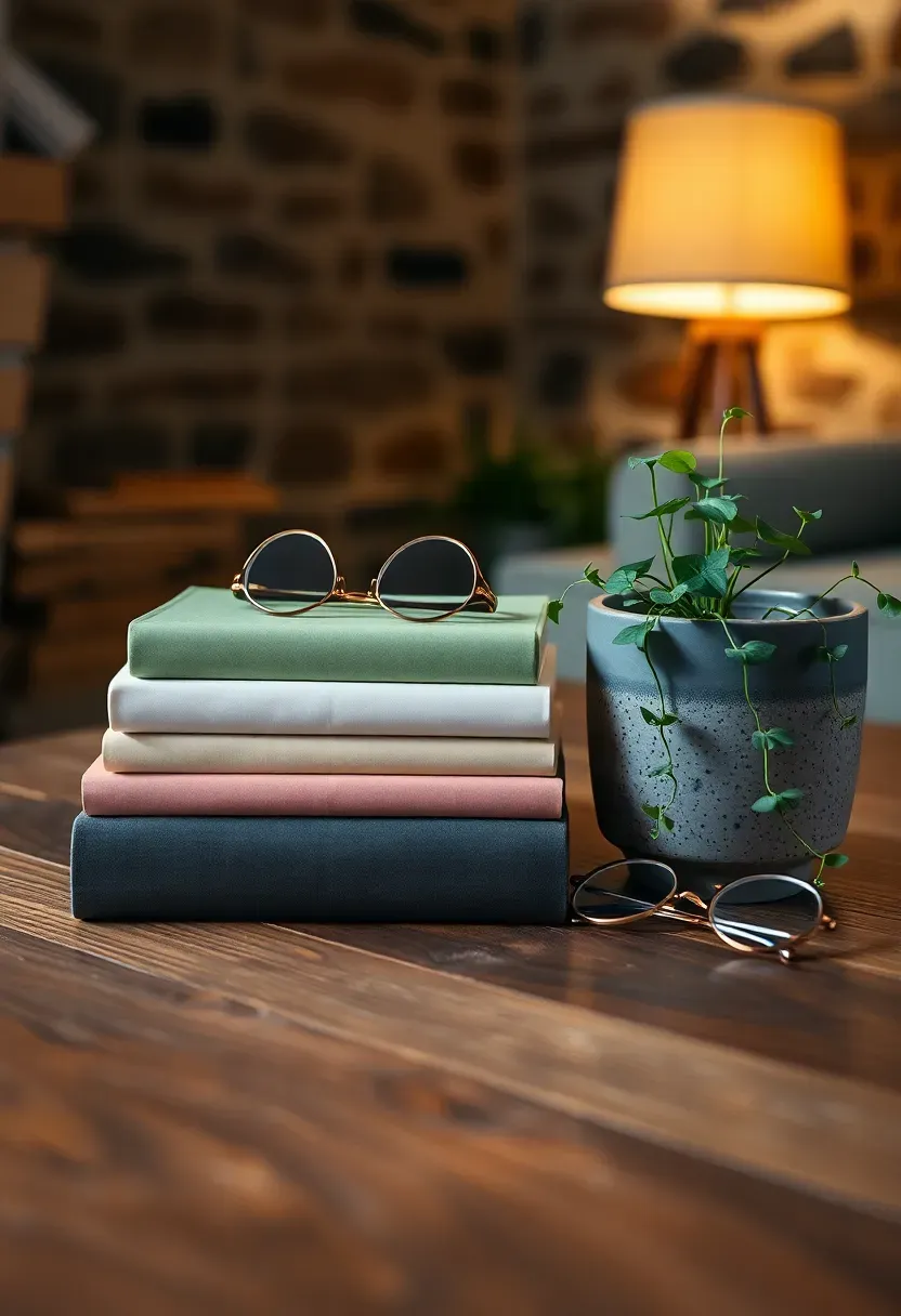 Coffee table with artfully stacked hardcover books in coordinating colors beside a small plant and reading glasses in a basement