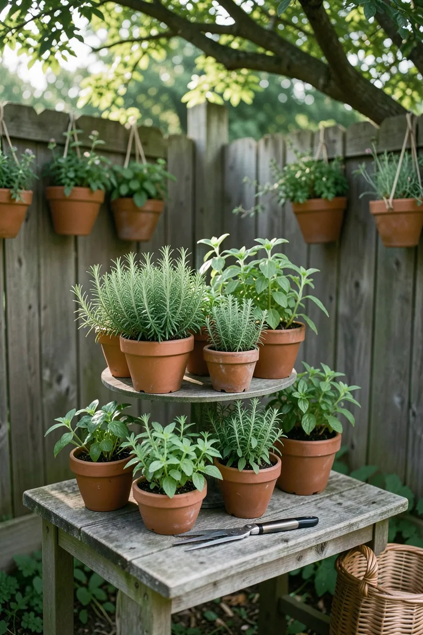 Hyper-realistic eye-level photograph of a cozy backyard potted herb garden corner. Three-tiered plant stand with terracotta pots containing rosemary, basil, thyme, and mint plants at various stages of growth. Small weathered wooden table with garden shears and woven harvest basket. Background shows privacy fence mounted with hanging herb planters. Morning sunlight filters through overhead trees. Materials: terracotta, natural wood, thriving herbs. Kitchen garden mood. Shallow depth of field, focus on herb foliage detail. No text, no logos, no watermarks.</p>