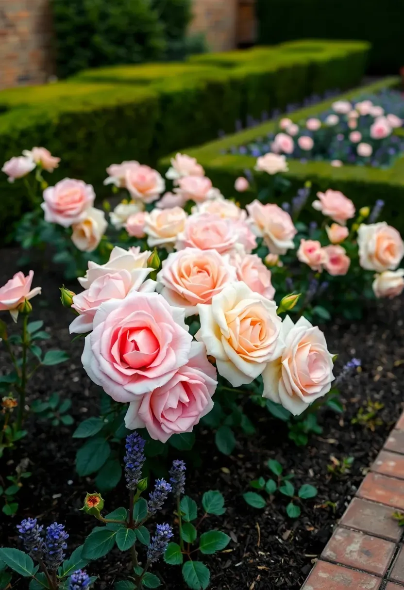 A formal heirloom rose bed with David Austin English roses in soft pinks and creams underplanted with lavender in a structured backyard layout