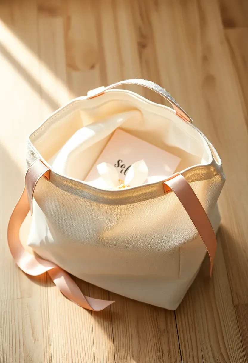 natural linen tote bag with tissue paper bloom inside and pale pink ribbon on wood surface