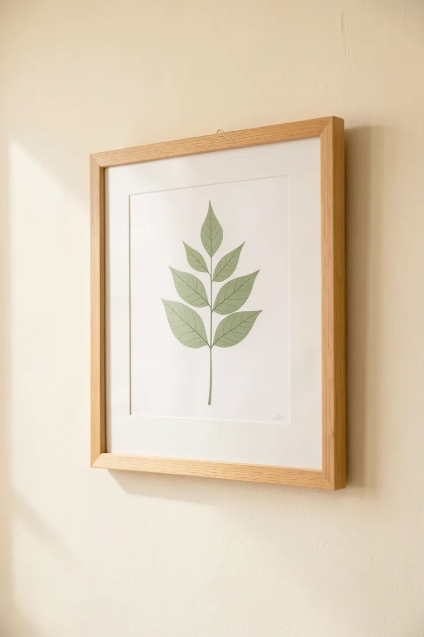 Minimalist botanical print in a light maple frame on a cream wall in a small japandi apartment bedroom