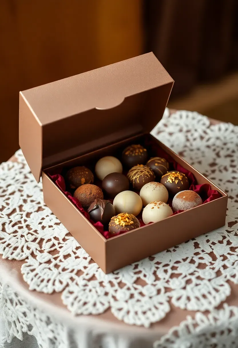 luxury gourmet chocolate box with assorted truffles and gold foil wrapping on lace tablecloth