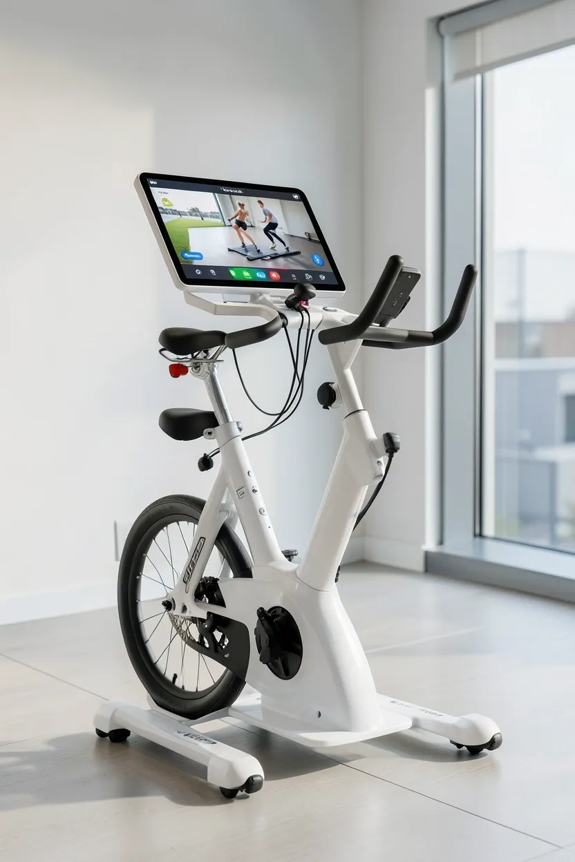 Sleek black smart exercise bike with integrated touchscreen in a modern apartment home gym — connected cardio equipment for renters
