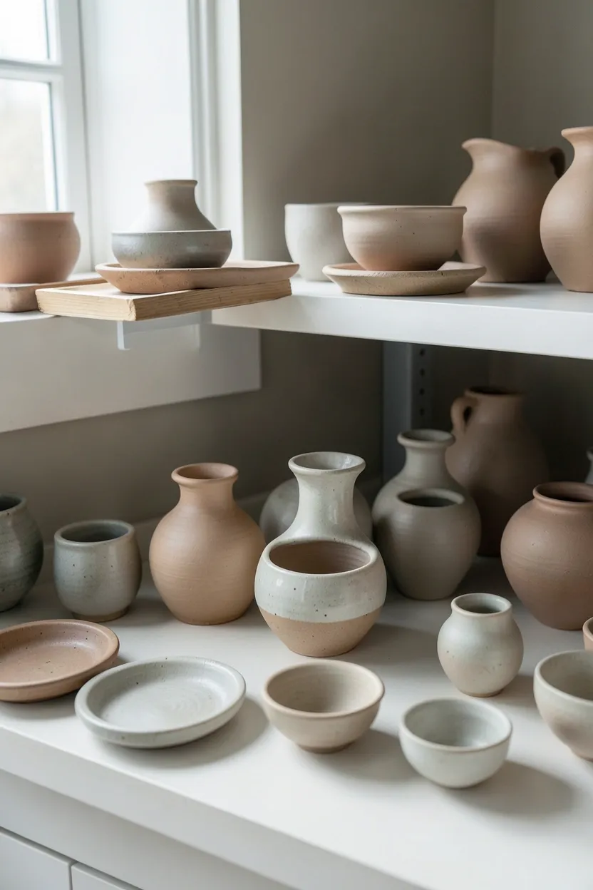 Curated collection of handmade pottery in muted cream and gray glazes displayed on a reclaimed wood bathroom shelf