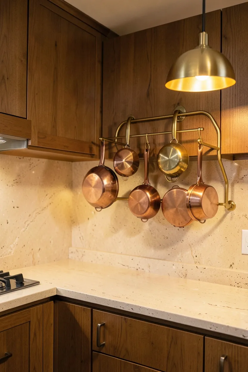 Hyper-realistic eye-level photograph of a kitchen with pot rack as decorative element. Elegant wall-mounted pot rack in warm brass with curved design hangs near cooking area. Rack displays collection of copper pots and pans in warm metallic tones. Surrounding upper cabinets in warm walnut. Countertop in honed travertine in warm cream. Warm brass pendant lights create cohesive metallic aesthetic. Warm ambient lighting highlights brass's warm golden glow throughout space. Visible brass finishes repeated throughout kitchen for harmonious autumnal character. No text, no logos, no watermarks.</p>