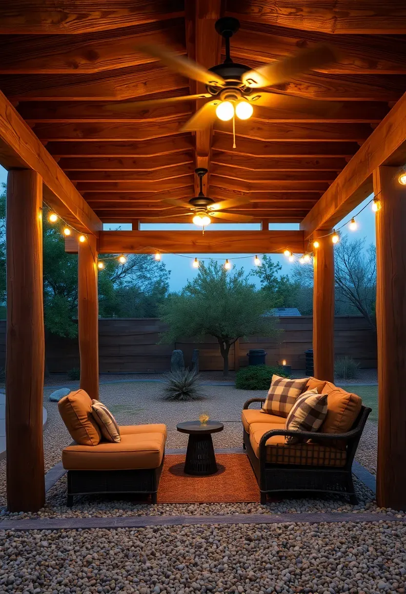 Wooden ramada structure with ceiling fans over comfortable outdoor seating and string lights in an Arizona backyard at dusk