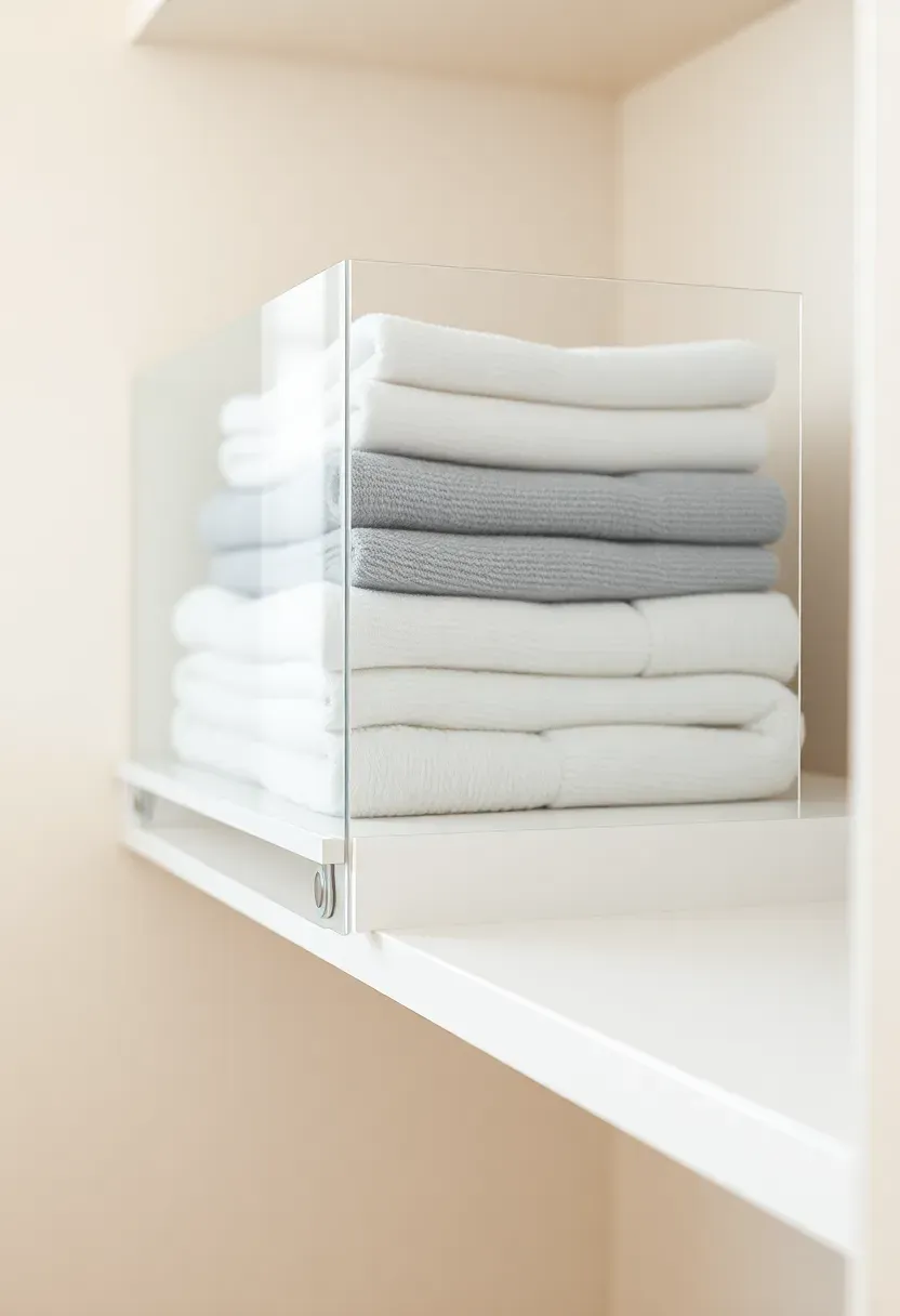 Acrylic shelf dividers clipped onto a bathroom closet shelf creating separate sections for towel stacks
