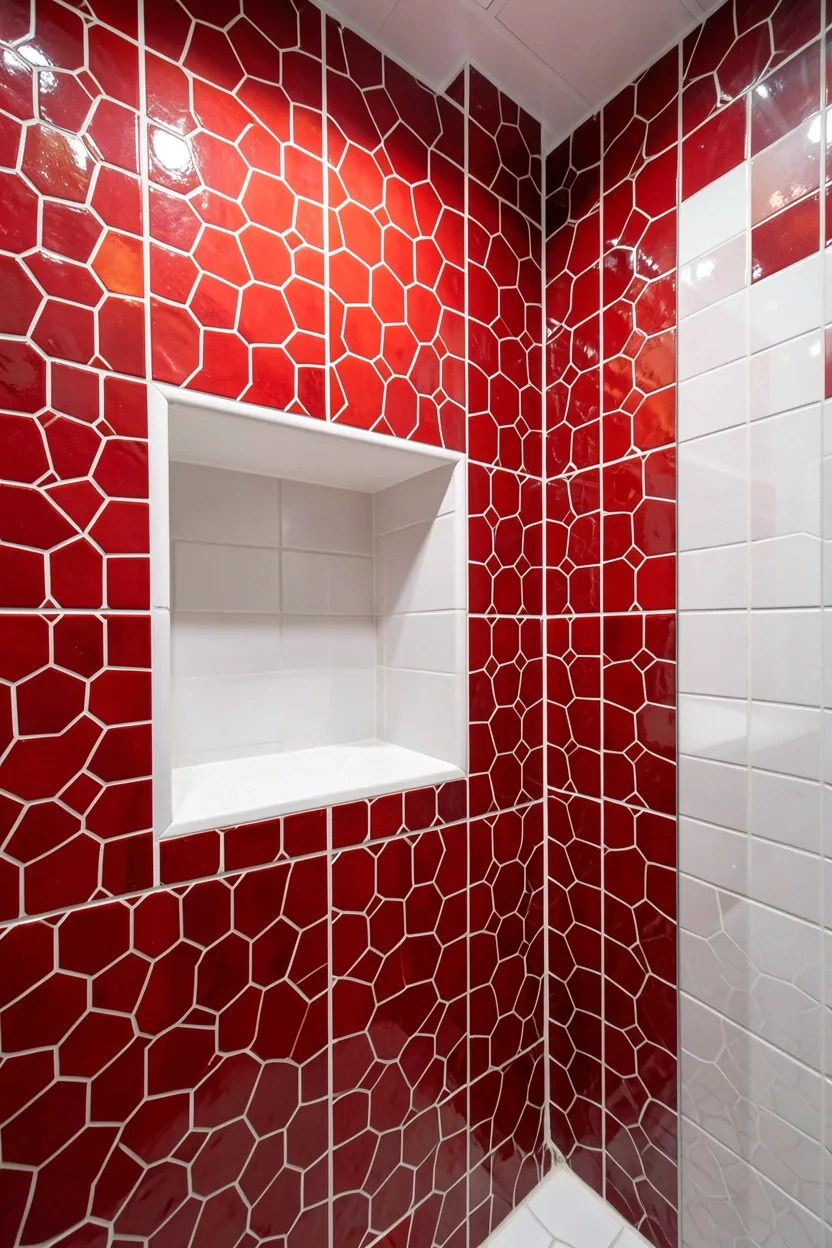 Red Hexagon Tiles in Shower