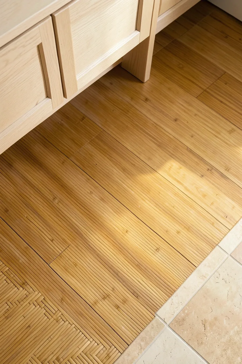 Strand-woven bamboo flooring in warm golden tones in a japandi bathroom — sustainable alternative to hardwood