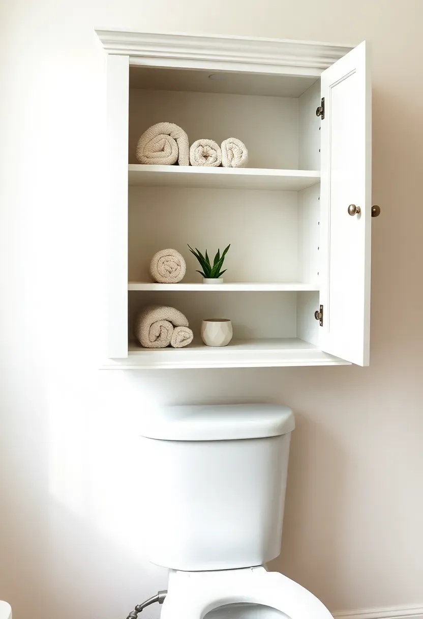 White over-the-toilet cabinet with two doors and an open shelf installed above a standard toilet tank